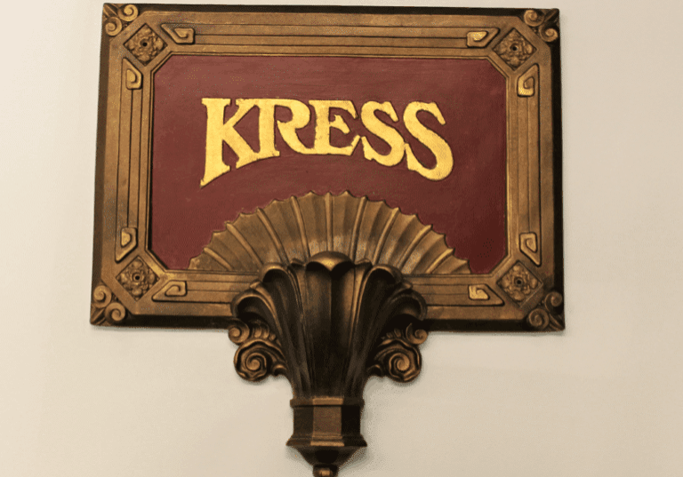 Decorative architectural element with the word "Kress."