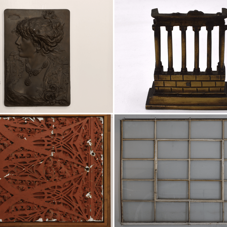 New items in the collection. Plaster molds, window, miniature building.