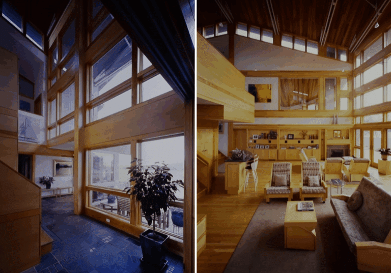 Interiors of a modern wood-framed home with tall windows, high ceilings, and light-filled living spaces.